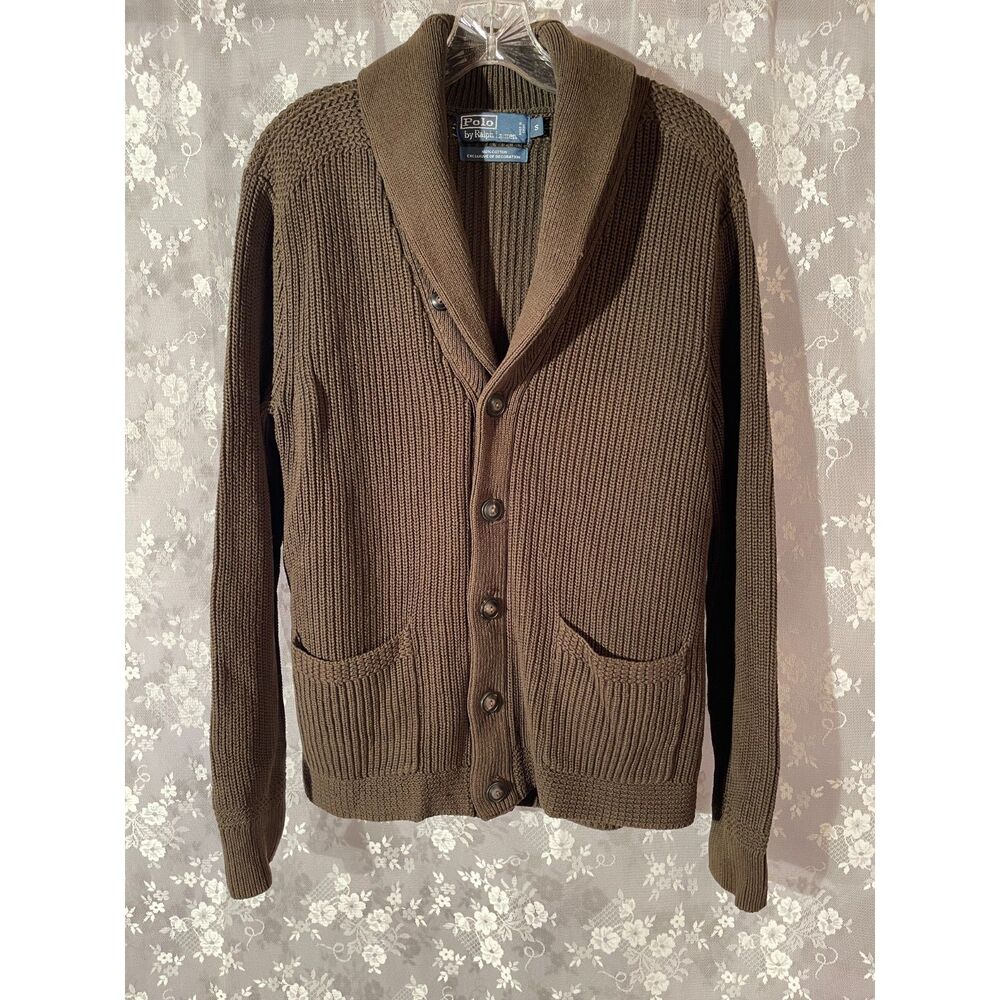 Vintage 90s Polo Ralph Lauren Brown Cotton Cardigan Shawl Collar Mens Small